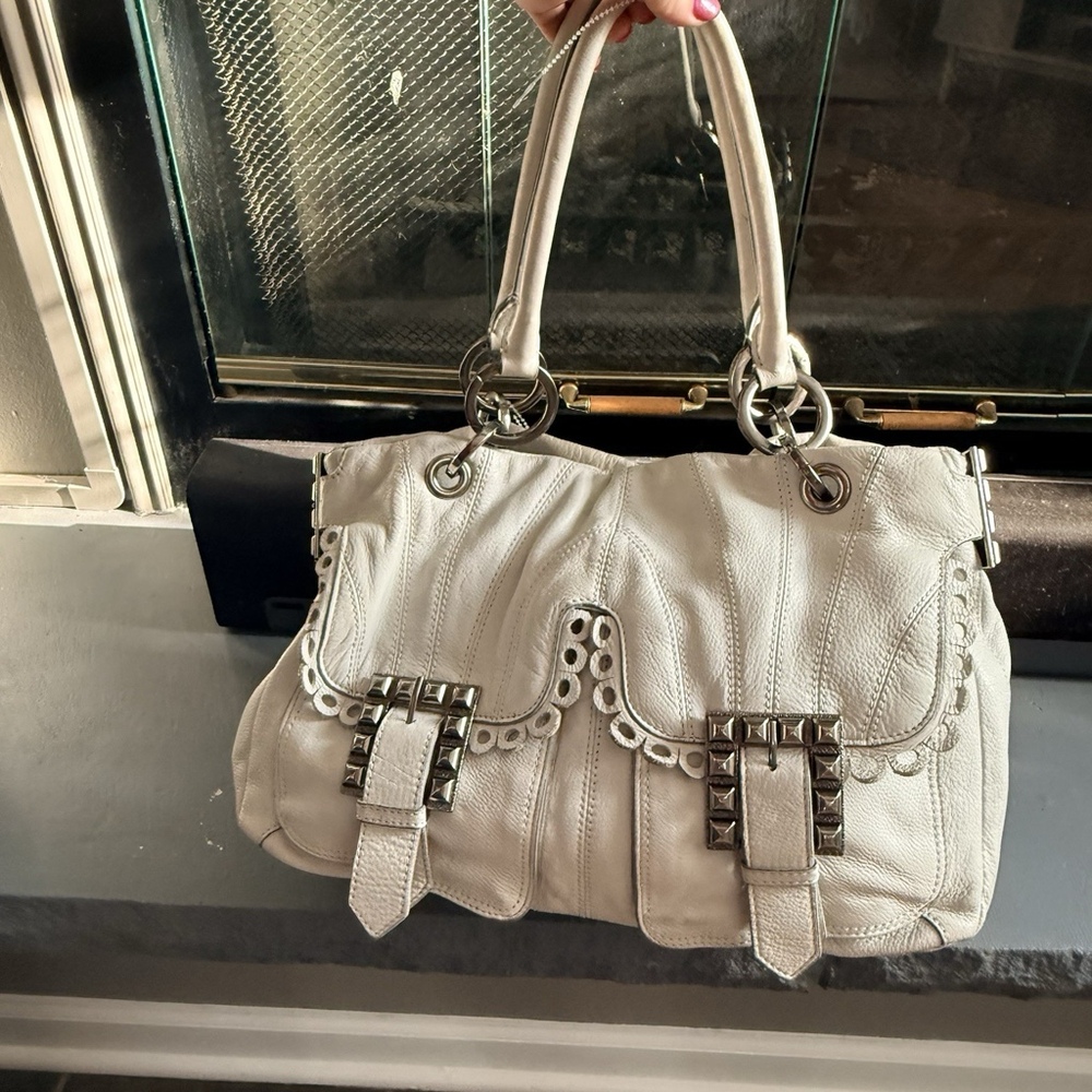 Betsey Johnson White Leather Satchel Top Handle Stud Buckle Pink Lining